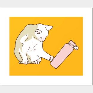 Cat knocking pink water bottle Posters and Art
